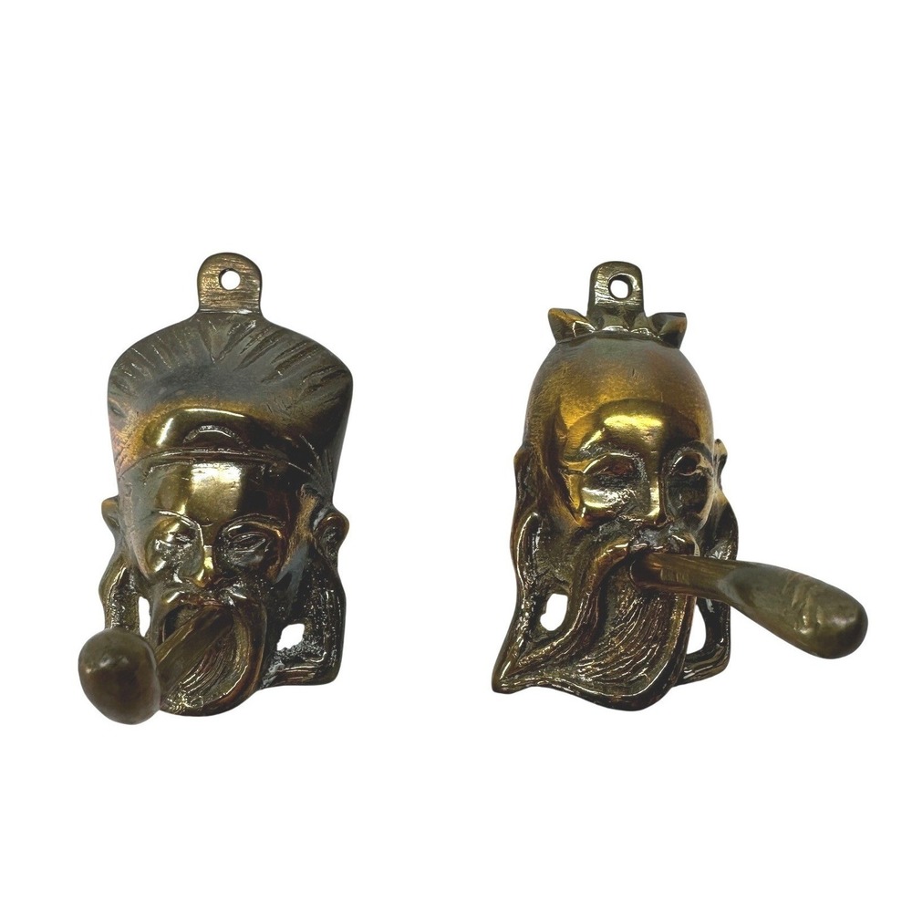 Vintage Brass Asian Elder Wall Hooks Set of 2 Hong Kong Mid Century Decor